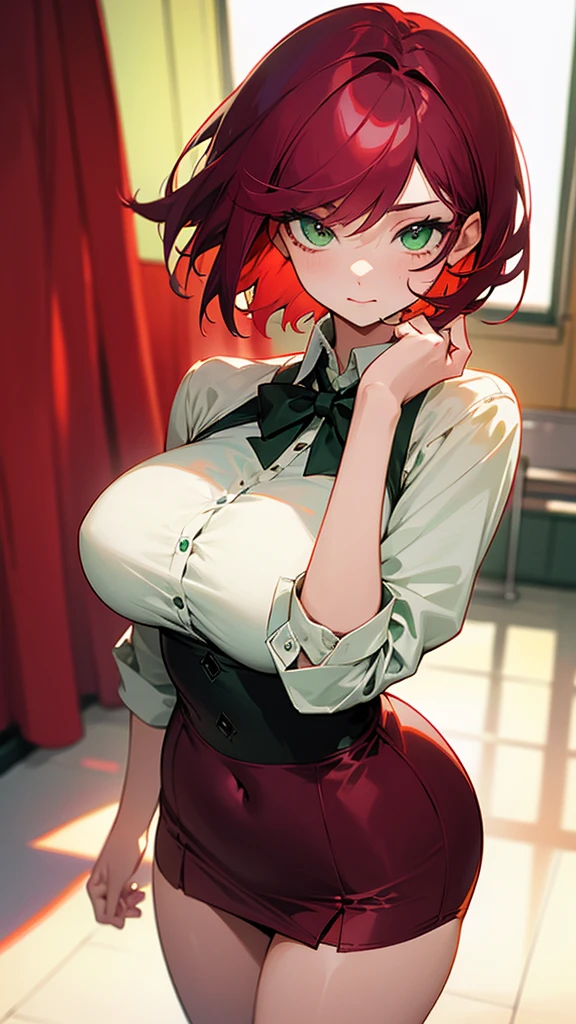 with green eyes, maroon hair, medium short hair, breasts big, fat thighs,Waist slender, In school