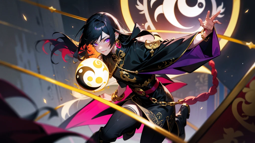 transformation, knight, pinup, after transformation, long hair, ecstasy, blush, evil smile, Qipao, aurora, meteor shower, Raising hand skyward, black hair, cape, destroying, Casting a darkness destruction spell, purple eyes, knee boots, stand-up collar, black long china dress, piercings, octagonal yin yang mirror, 1 boy, femboy, runes, gold decoration, earrings, chains, bracelets, yin yang, belts, tassel, beautiful art, depth of field, high res, perfect face, detailed outfit
