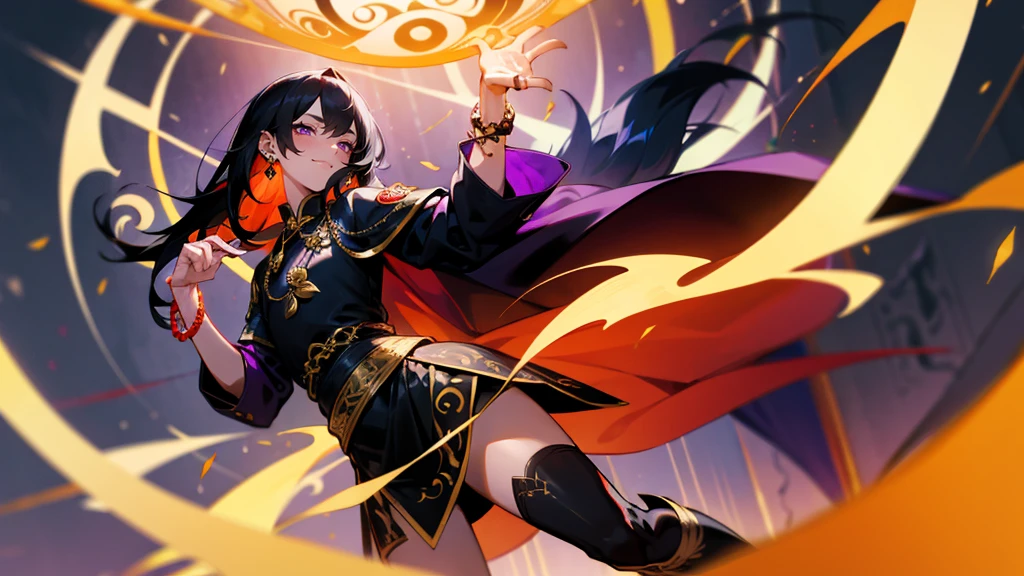 transformation, knight, pinup, after transformation, long hair, ecstasy, blush, evil smile, Qipao, aurora, meteor shower, Raising hand skyward, black hair, cape, destroying, Casting a darkness destruction spell, purple eyes, knee boots, stand-up collar, black long china dress, piercings, octagonal yin yang mirror, 1 boy, femboy, runes, gold decoration, earrings, chains, bracelets, yin yang, belts, tassel, beautiful art, depth of field, high res, perfect face, detailed outfit