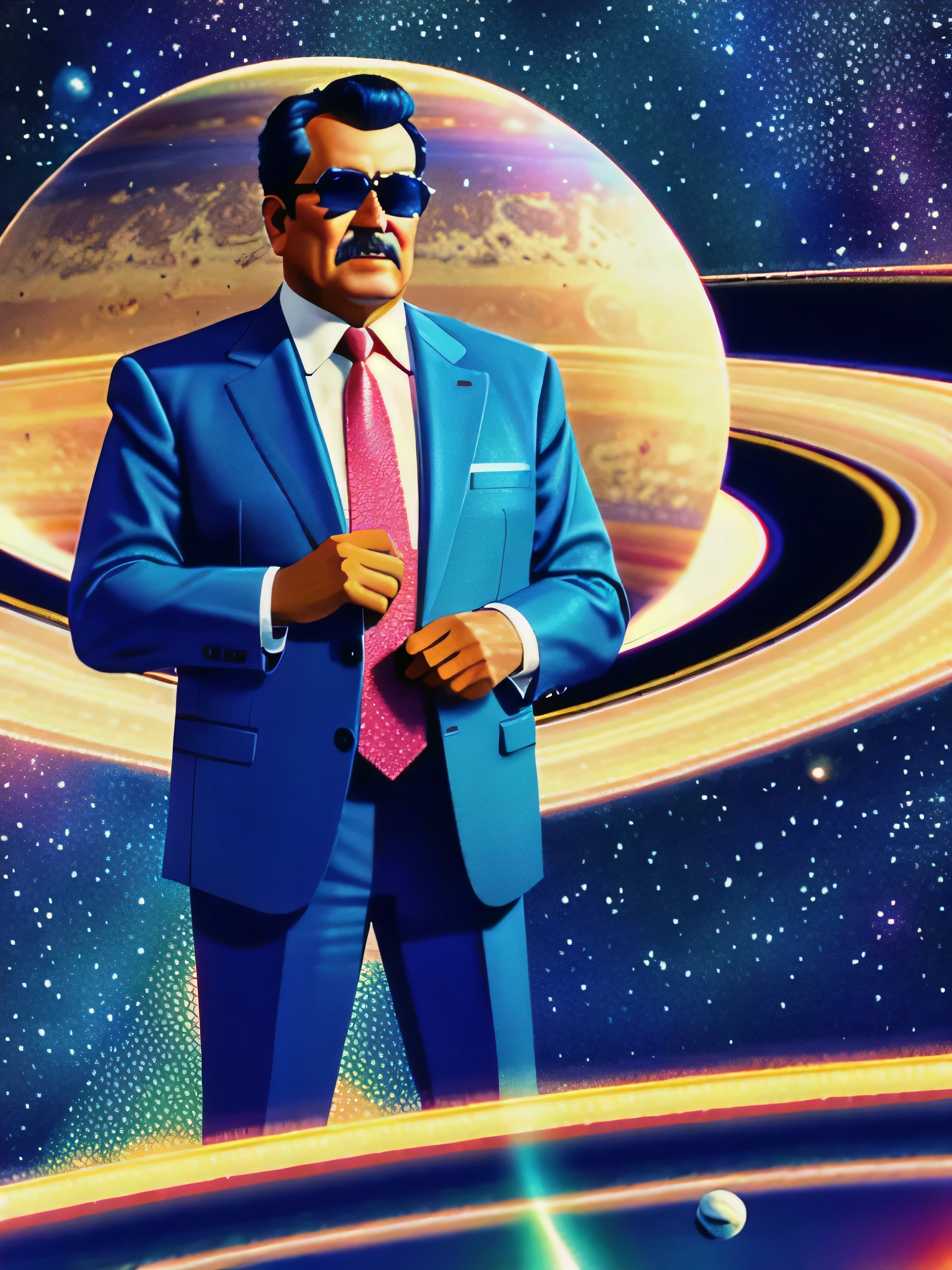 best quality,masterpiece,highly detailed,ultra-detailed,   80s Illustration Style a middle aged man in a suit and with planet Saturn as head