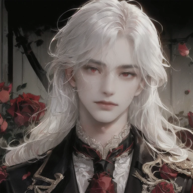 (SEDUCTIVE EYES MALE)(((RED RED EYES, ROSES, MALE)))((GENTLEMAN OUTFIT))(((very very glowing white hair)))((sharp jawline))(((same bangs)))(very pale skin super pale skin)(((DETAILED OUTFIT)))(((ROSES)))((LAYERED OUTFIT))((((MESSY WAVY HAIR)))