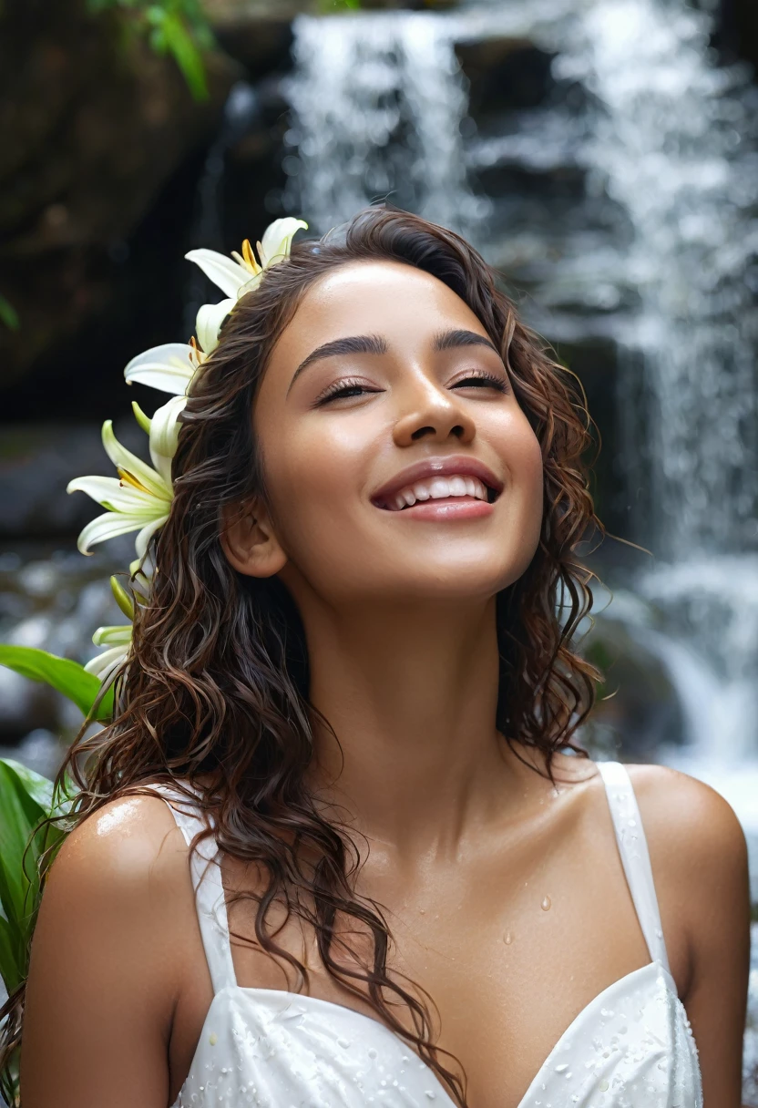8k, beautiful mixed girl with wet long slightly wavy hair, Lily flowers in the mouth, extremely detailed body and lips, smile, sweet chest, beautiful , sexy Long white dress , Under a waterfall, A flower in the mouth, Hold your hair, Backache, lots of plants, Rocks, Nature, (best quality,4k,8k,highres,masterpiece:1.2), ultra-detailed,(realistic,photorealistic,photo-realistic:1.37),portrait,landscape,vivid colors,bokeh