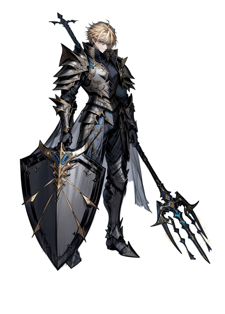 1boy, yellow hair, blue eyes, epic armor, legendary weapon, handsome man, elegant clothes, holy knight, (high resolution, high detail, Best quality), muscular, spear, shield