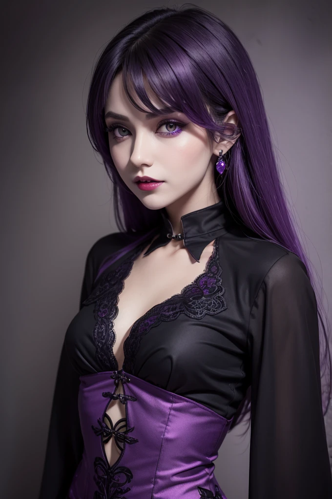 make a vampire with purple skin with a black blouse with purple morsel prints and black pants