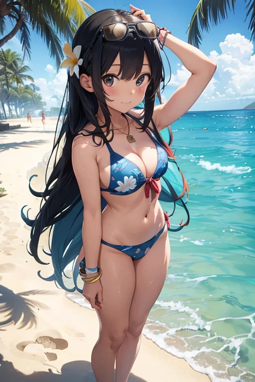 "A cute anime girl with long, straight hair, that fall in gentle waves. She wears a colorful bikini with a tropical floral print and matching accessories such as sunglasses and a flower necklace around her neck. she stands on the beach, her feet in the gentle foam of the waves. In the background, the clear water of the ocean sparkles and a few palm trees provide shade."