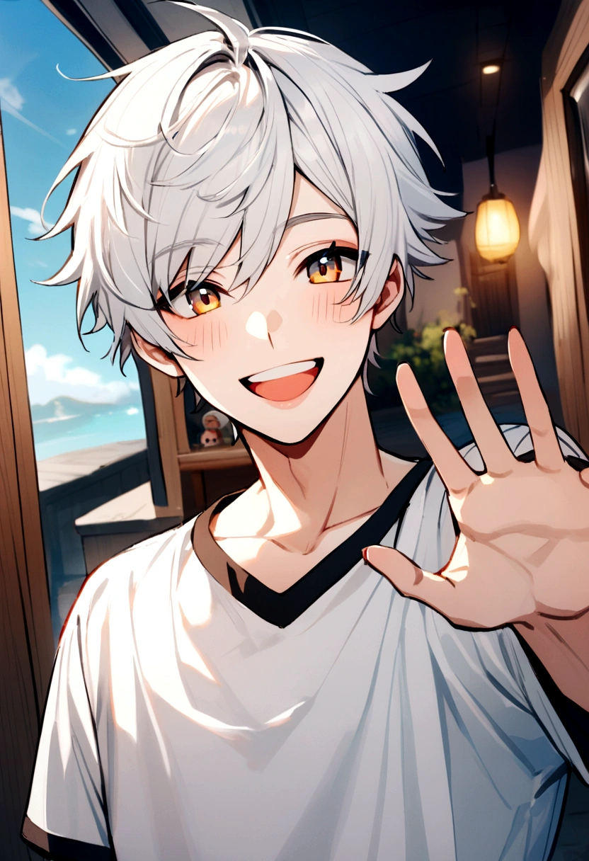 gamer boy,White hair, smiling for photo