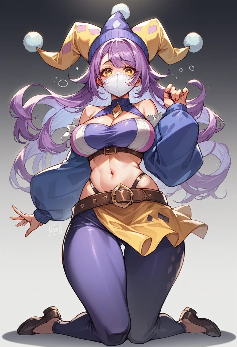 Duomi, big breast, huge thigh, a white round mask with a very shy face covering the face, purple hair, tight harlequin costume which is divided into two colors: the left part is blue, the right part is yellow. The jester's hat is divided into two colors: the left side is blue, the right side is yellow. Belly belt, Tight pants with square patterns in two colors, the left side is yellow, the right side is blue. The left boot on the foot is yellow, the right boot on the foot is blue, full body