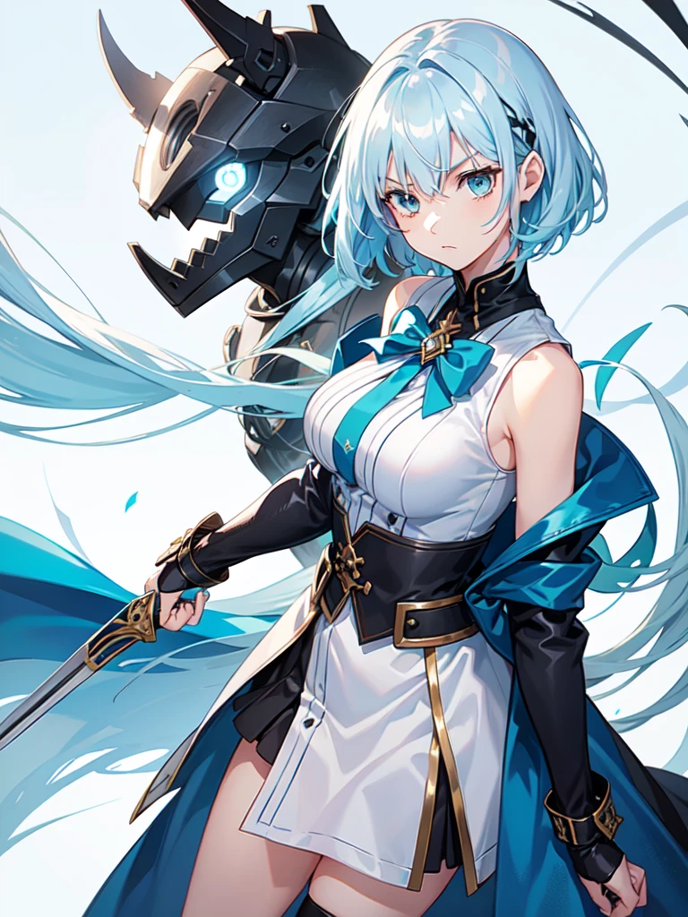 1 girl, light blue hair, light hair hair, sharp eyes, light blue eyes, sleeveless combat dress, bow, serious look, masterpiece, high quality, fantasy eyepatch, unique eyepatch, short hair, short hair