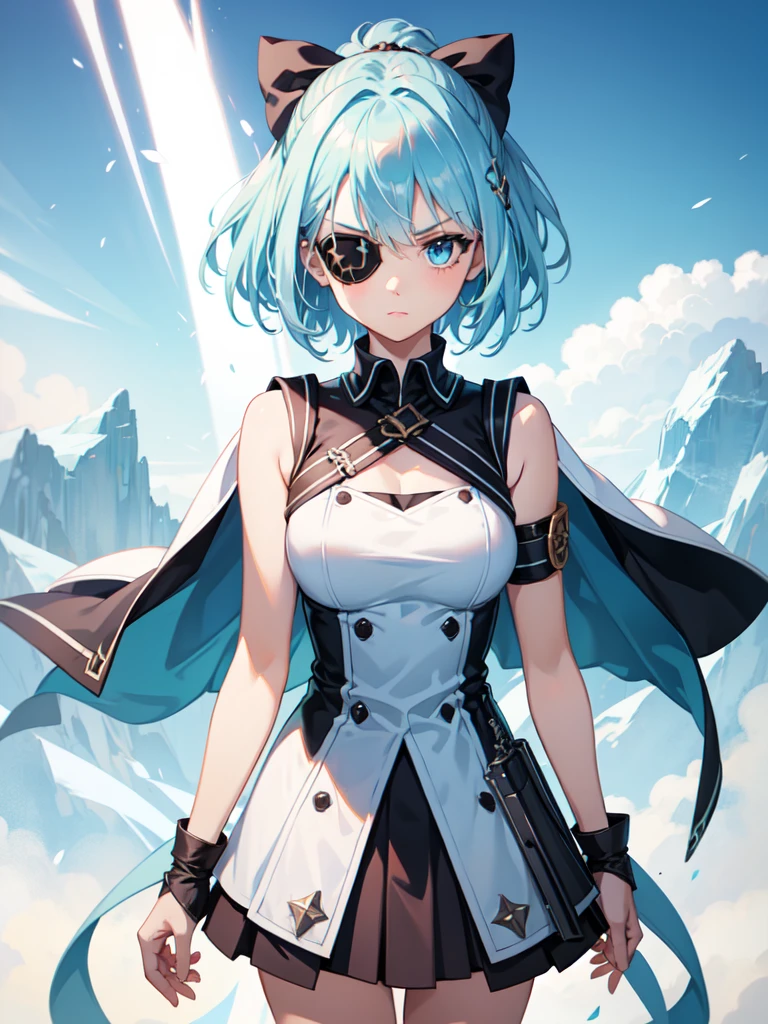 1 girl, light blue hair, light hair hair, sharp eyes, light blue eyes, sleeveless combat dress, bow, serious look, masterpiece, high quality, fantasy eyepatch, unique eyepatch, short hair, short hair