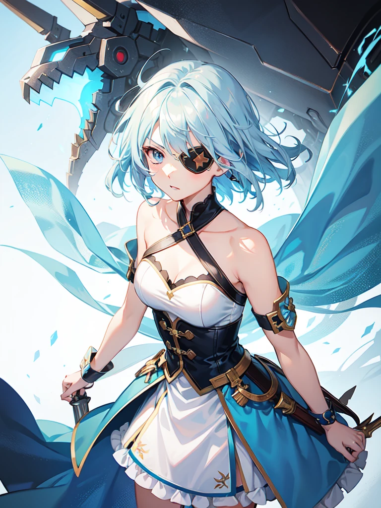 1 girl, light blue hair, light hair hair, sharp eyes, light blue eyes, sleeveless combat dress, bow, serious look, masterpiece, high quality, fantasy eyepatch, unique eyepatch, short hair, short hair