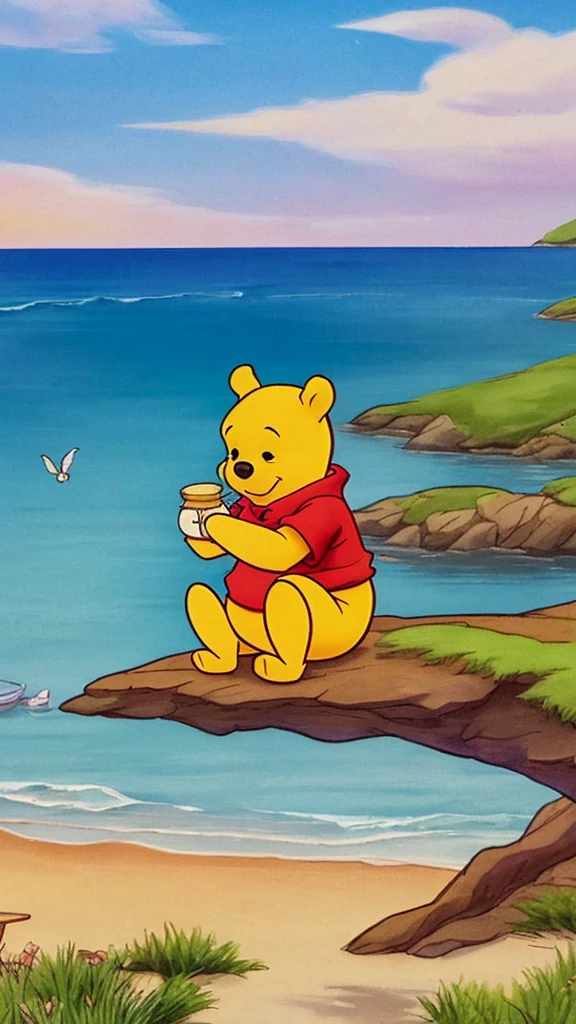 "Create an illustration of Winnie The Pooh sitting peacefully by a serene seaside, with gentle waves lapping at the shore. Include soft, pastel colors to evoke a sense of calmness and tranquility. Pooh should be portrayed with a content expression, perhaps holding a jar of honey, surrounded by seashells and a few seagulls in the background."