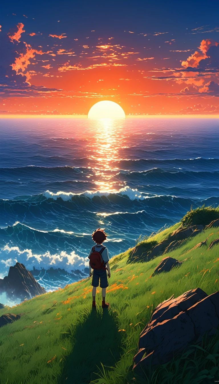 high quality, 8K Ultra HD, The image shows an anime boy looking out over the ocean at sunrise from a grassy hill, with a background of vibrant blue sky and red and orange hues of the sun. anime art wallpaper 4k, anime art wallpaper 4K, anime background, anime art wallpaper 8K, anime art background, anime landscape wallpaper, amazing wallpaper, high quality wallpaper definition,4k animated wallpaper,4k animated wallpaper,Aries Moross art,Bob Byerley art,AshleyWoodArtAI,greg rutkowski