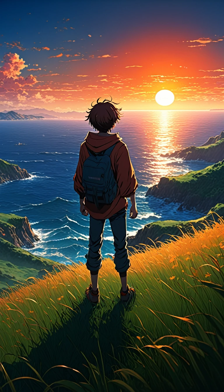 high quality, 8K Ultra HD, The image shows an anime boy looking out over the ocean at sunrise from a grassy hill, with a background of vibrant blue sky and red and orange hues of the sun. anime art wallpaper 4k, anime art wallpaper 4K, anime background, anime art wallpaper 8K, anime art background, anime landscape wallpaper, amazing wallpaper, high quality wallpaper definition,4k animated wallpaper,4k animated wallpaper,Aries Moross art,Bob Byerley art,AshleyWoodArtAI,greg rutkowski