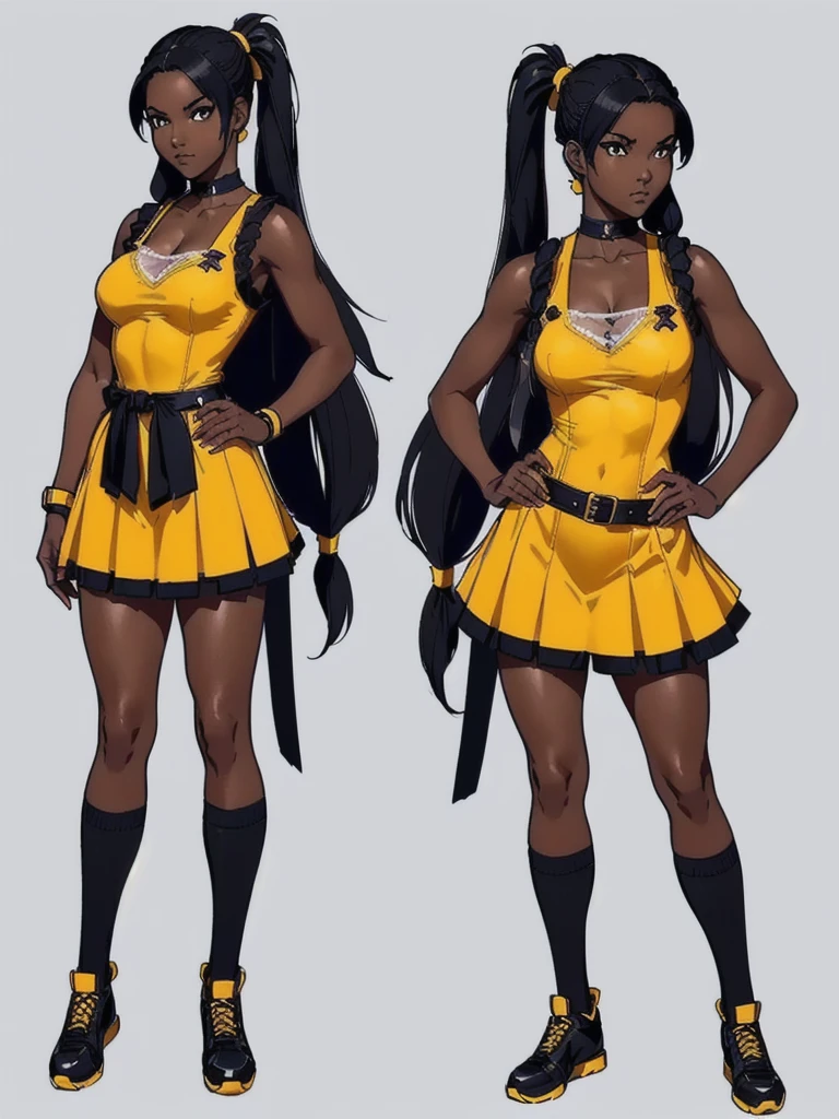 ((best quality)), ((4k)), ((highres)), ((masterpiece:1.2)). ((detailed)), ((ultra realistic)), ((intricate details)), ((full body picture)), ((character design sheet)), ((blank background)), ((standing in a blank background)), full body shot of a beautiful black female, ebony beauty, woman, 18 years old girl, dark brown skin, about 5'5 ft. tall, smirk on her face, ((smirking)), long curly black hair, ((long curly hair)), long hair, high pigtails, (((high pigtails)), dressed in a yellow sleeveless babydoll dress, ((EMPHASIS ON HER YELLOW SLEEVELESS BABYDOLL DRESS)), black leather belt on her waist, bare legs, yellow school girl HIGH SOCKS AND school girl BLACK SHOES, fighting game character design, tekken character design, the king of fighters character concept art, character concept art, full body, 18 years old female fighter, girly girl, cute girl, girly fighter character concept art