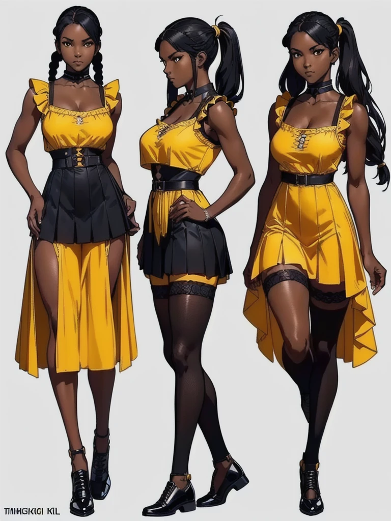 ((best quality)), ((4k)), ((highres)), ((masterpiece:1.2)). ((detailed)), ((ultra realistic)), ((intricate details)), ((full body picture)), ((character design sheet)), ((blank background)), ((standing in a blank background)), full body shot of a beautiful black female, ebony beauty, woman, 18 years old girl, dark brown skin, about 5'5 ft. tall, smirk on her face, ((smirking)), long curly black hair, ((long curly hair)), long hair, high pigtails, (((high pigtails)), dressed in a yellow sleeveless babydoll dress, ((EMPHASIS ON HER YELLOW SLEEVELESS BABYDOLL DRESS)), black leather belt on her waist, bare legs, yellow school girl HIGH SOCKS AND school girl BLACK SHOES, fighting game character design, tekken character design, the king of fighters character concept art, character concept art, full body, 18 years old female fighter, girly girl, cute girl, girly fighter character concept art