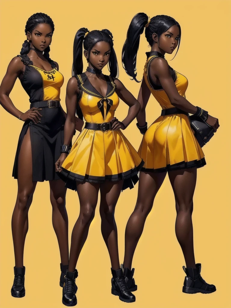 ((best quality)), ((4k)), ((highres)), ((masterpiece:1.2)). ((detailed)), ((ultra realistic)), ((intricate details)), ((full body picture)), ((character design sheet)), ((blank background)), ((standing in a blank background)), full body shot of a beautiful black female, ebony beauty, woman, 18 years old girl, dark brown skin, about 5'5 ft. tall, smirk on her face, ((smirking)), long curly black hair, ((long curly hair)), long hair, high pigtails, (((high pigtails)), dressed in a yellow sleeveless babydoll dress, ((EMPHASIS ON HER YELLOW SLEEVELESS BABYDOLL DRESS)), black leather belt on her waist, bare legs, yellow school girl HIGH SOCKS AND school girl BLACK SHOES, fighting game character design, tekken character design, the king of fighters character concept art, character concept art, full body, 18 years old female fighter, girly girl, cute girl, girly fighter character concept art
