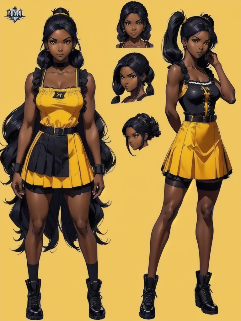 ((best quality)), ((4k)), ((highres)), ((masterpiece:1.2)). ((detailed)), ((ultra realistic)), ((intricate details)), ((full body picture)), ((character design sheet)), ((blank background)), ((standing in a blank background)), full body shot of a beautiful black female, ebony beauty, woman, 18 years old girl, dark brown skin, about 5'5 ft. tall, smirk on her face, ((smirking)), long curly black hair, ((long curly hair)), long hair, high pigtails, (((high pigtails)), dressed in a yellow sleeveless babydoll dress, ((EMPHASIS ON HER YELLOW SLEEVELESS BABYDOLL DRESS)), black leather belt on her waist, bare legs, yellow school girl HIGH SOCKS AND school girl BLACK SHOES, fighting game character design, tekken character design, the king of fighters character concept art, character concept art, full body, 18 years old female fighter, girly girl, cute girl, girly fighter character concept art

