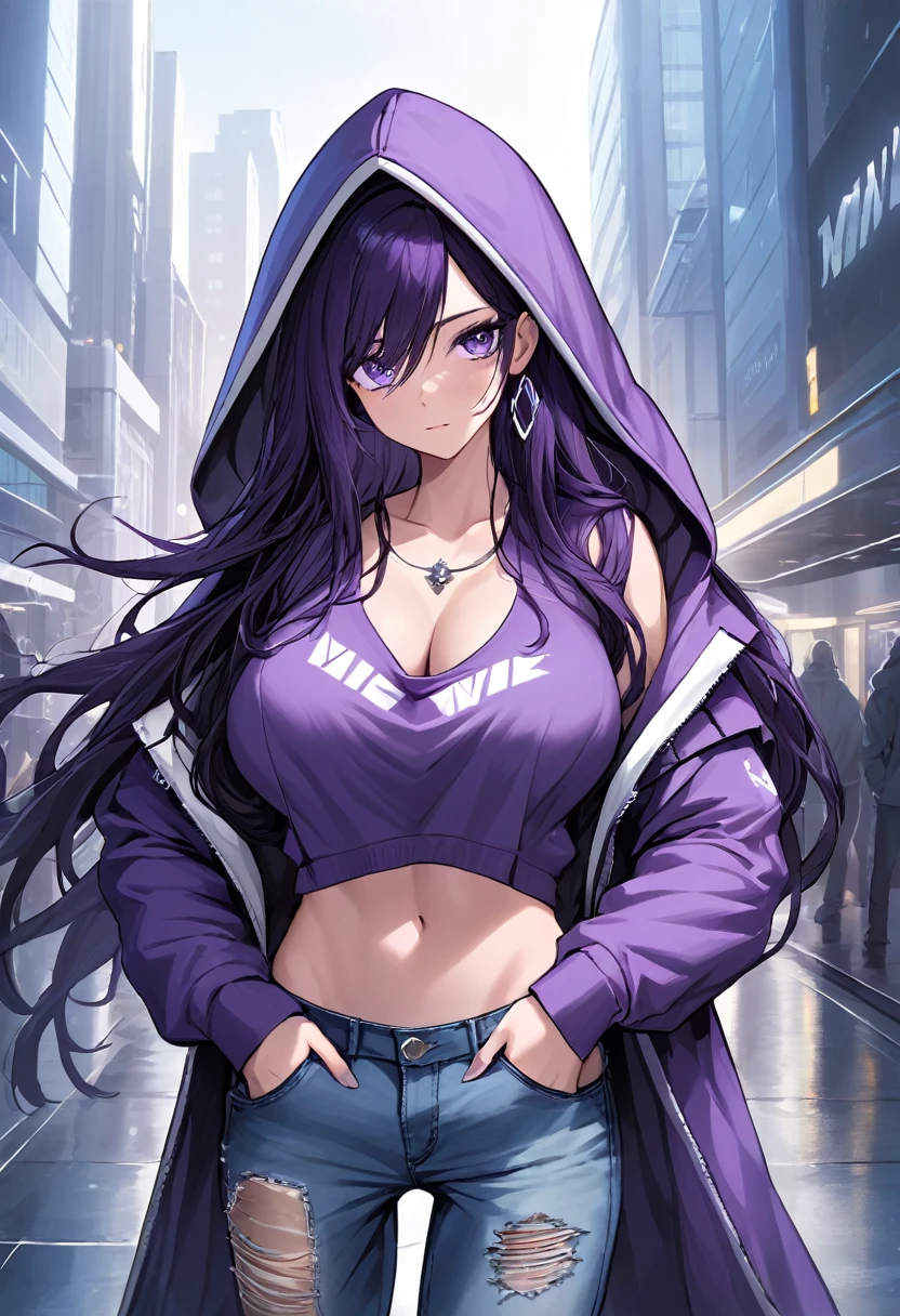 (masterpiece:1.37), best quality, (extremely detailed:1.37), woman, (very long hair:1.5), dark purple hair, purple eyes, (extremely detailed eyes:1.37), large breasts, hoodie, jeans, (open fly:1.5), cleavage, navel, city, futuristic, street