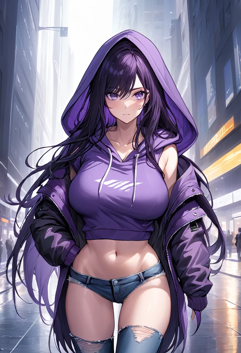 (masterpiece:1.37), best quality, (extremely detailed:1.37), woman, (very long hair:1.5), dark purple hair, purple eyes, (extremely detailed eyes:1.37), large breasts, hoodie, jeans, (open fly:1.5), cleavage, navel, city, futuristic, street