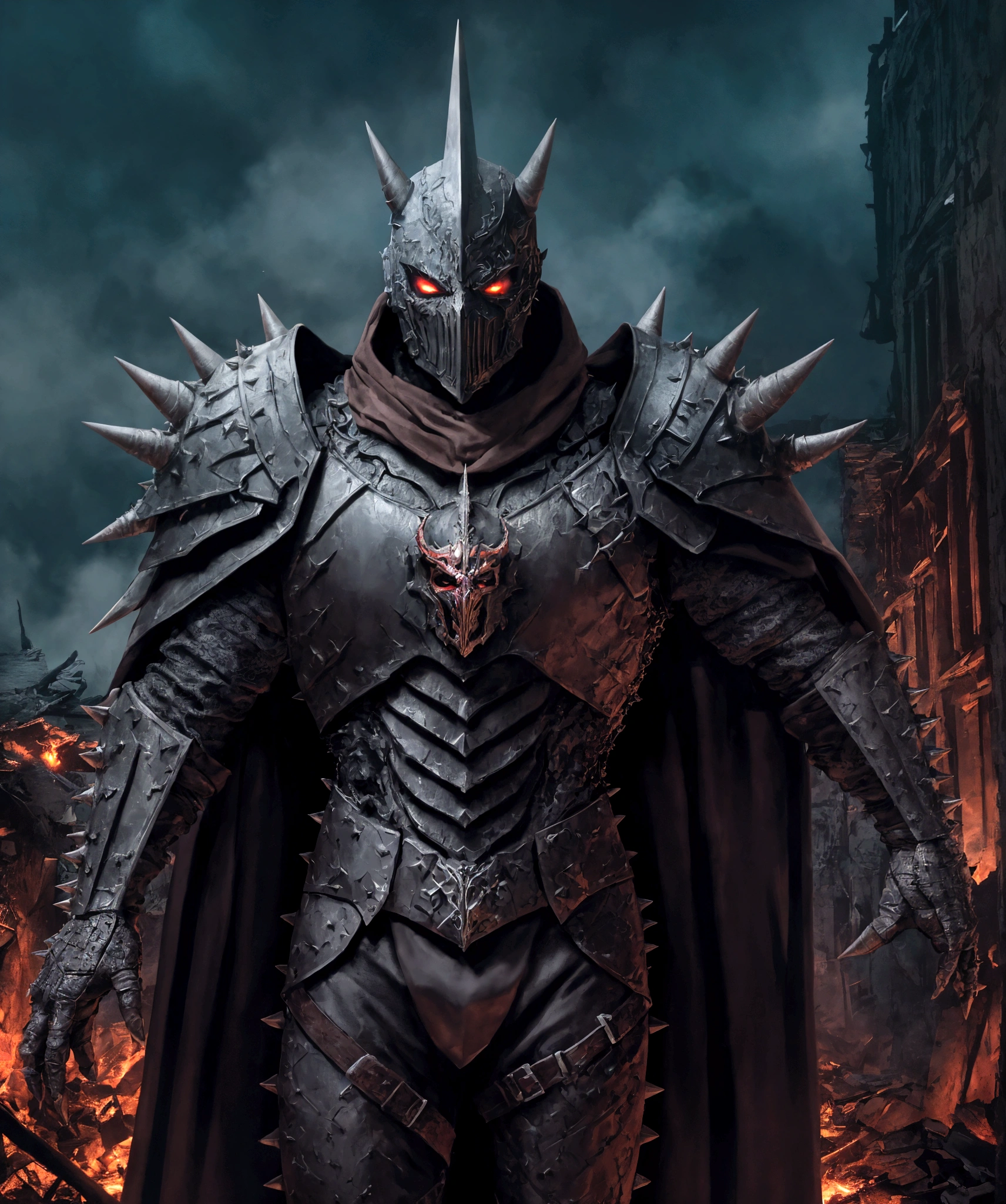 (extremely detailed 8k wallpaper), a medium shot photo of Grim dressed as a scary masked wood-supervillain in a dark brown spiked armour made of dark brown glowing armour with spikes from marvel, theme, intricate, high detail, dramatic, woods and destroyed buildings in the background