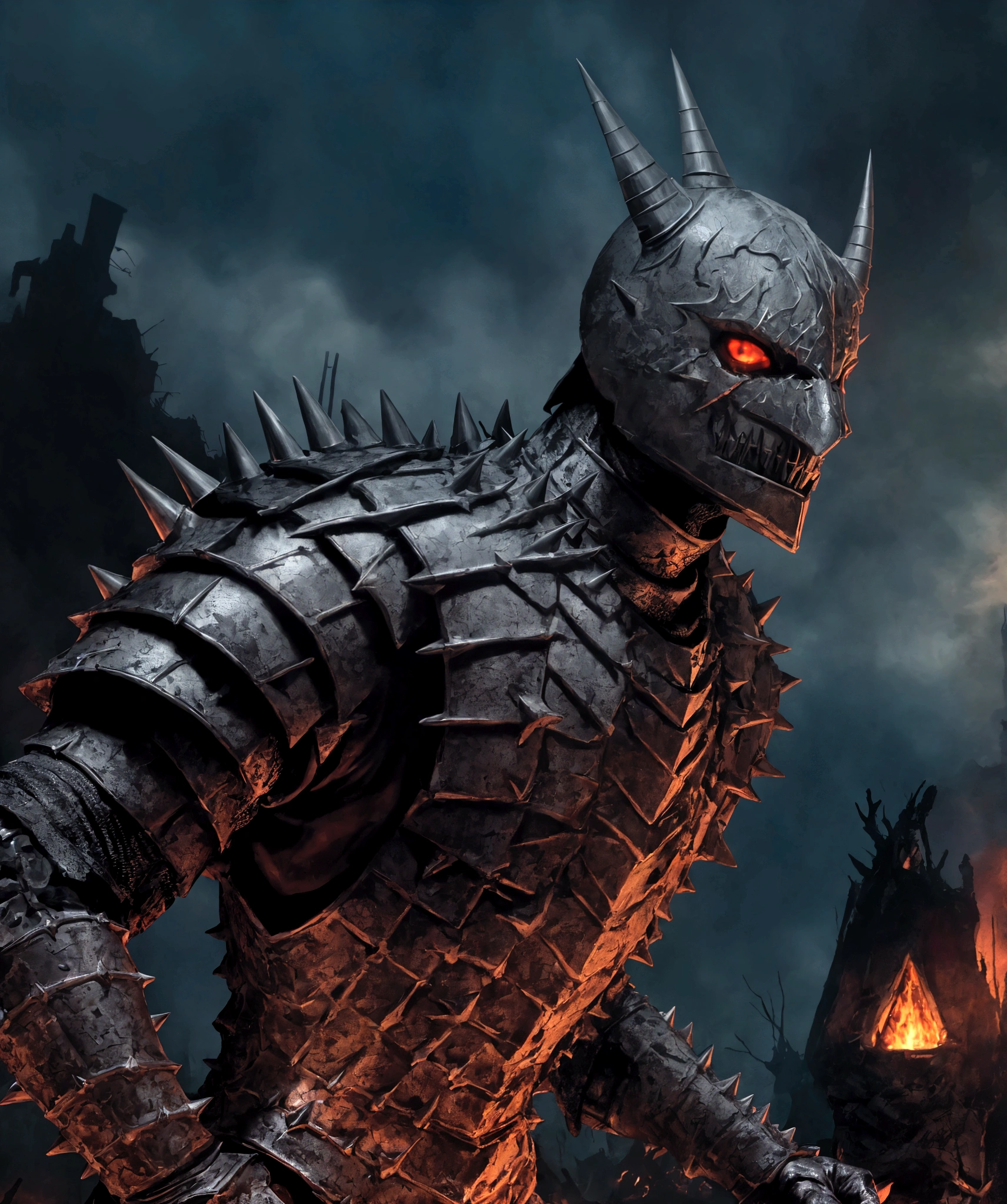 (extremely detailed 8k wallpaper), a medium shot photo of Grim dressed as a scary masked wood-supervillain in a dark brown spiked armour made of dark brown glowing armour with spikes from marvel, theme, intricate, high detail, dramatic, woods and destroyed buildings in the background