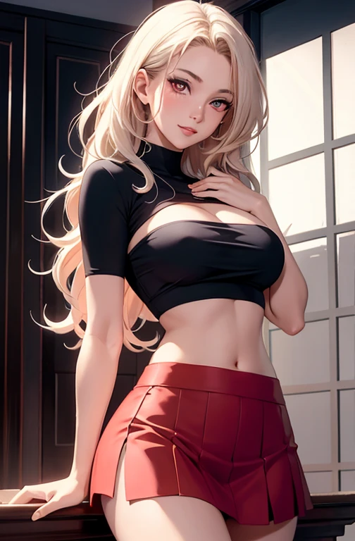 masterpiece, best quality, best lighting, shadows, portrait, perfect anatomy, 1 girl, adult anime girl, 21 years old, allure, erotic, mature features, pretty face, pretty lips, pretty eyes, white wavy hair, red eyes, seductive eyes, blushing, flirty, pretty smile, huge ass, breast, thighs, seductive, spicy, hot, flirty, crop top, tiny skirt, nsfw,