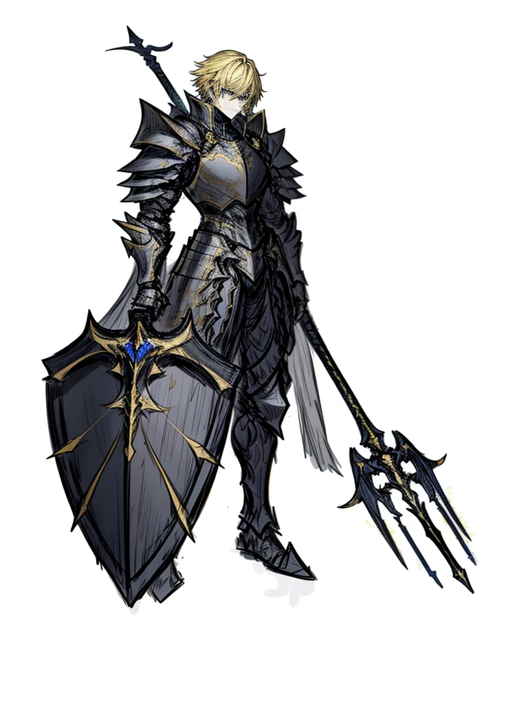 1boy, yellow hair, blue eyes, epic armor, legendary weapon, handsome man, elegant clothes, holy knight, (high resolution, high detail, Best quality), muscular, spear, shield