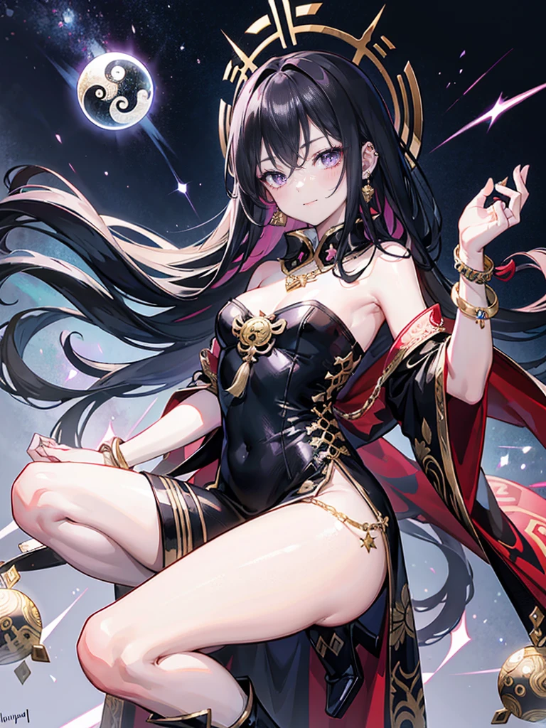 transformation, knight, pinup, after transformation, long hair, ecstasy, blush, evil smile, Qipao, aurora, meteor shower, Raising hand skyward, black hair, cape, destroying, Casting a darkness destruction spell, purple eyes, knee boots, stand-up collar, black long china dress, piercings, octagonal yin yang mirror, 1 boy, femboy, runes, gold decoration, earrings, chains, bracelets, yin yang, belts, tassel, beautiful art, depth of field, high res, perfect face, detailed outfit