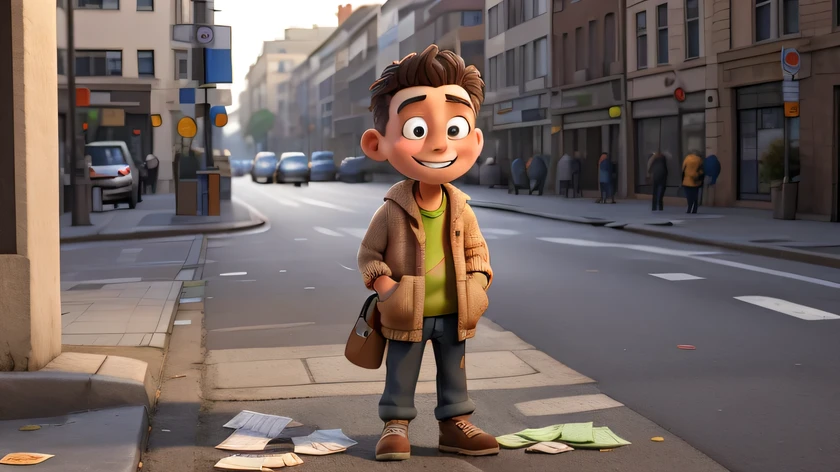 A beggar standing on the street with an exaggerated expression of happiness counting banknotes.