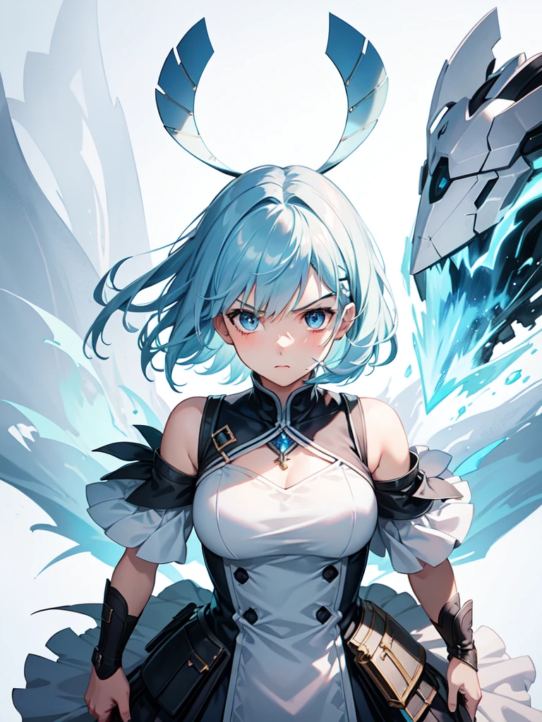 1 girl, light blue hair, light hair hair, sharp eyes, light blue eyes, sleeveless combat dress, bow, serious look, masterpiece, high quality, fantasy eyepatch, unique eyepatch, short hair, short hair, very short hair