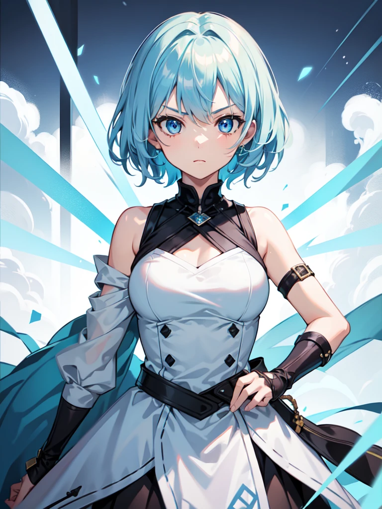 1 girl, light blue hair, light hair hair, sharp eyes, light blue eyes, sleeveless combat dress, bow, serious look, masterpiece, high quality, fantasy eyepatch, unique eyepatch, short hair, short hair, very short hair