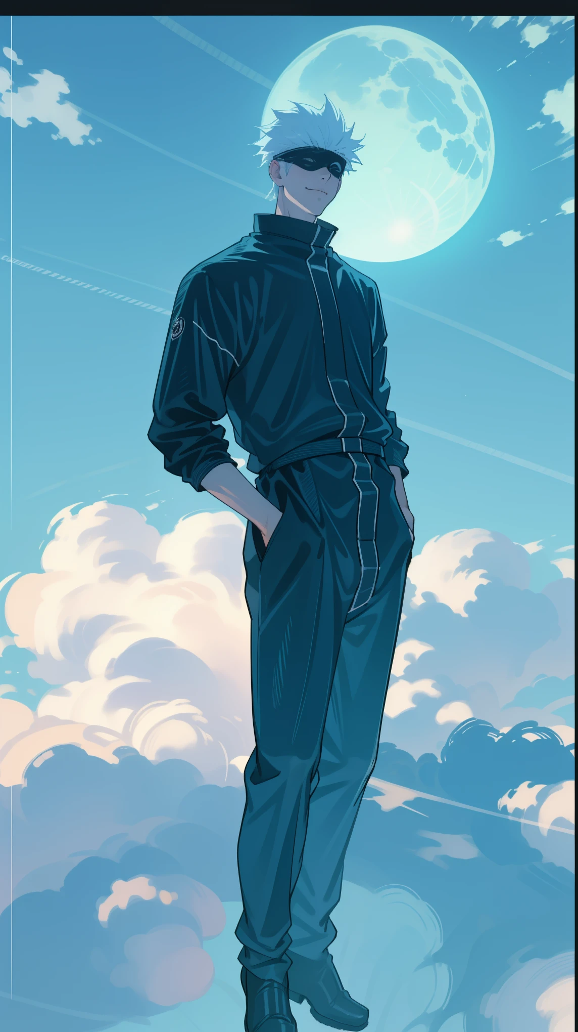 1boy, full body shot, perfect hand and fingers, satoru gojo, blindfold, black outfit, white hair, look at sky, smirk, red and blue moon city night background, wallpaper, cinematic,High resolution 8K, Bright light illumination, lens flare, sharpness, masterpiece, top-quality, The ultra -The high-definition, high resolution, extremely details CG, Anime style, Film Portrait Photography,masterpiece,hyperdetail