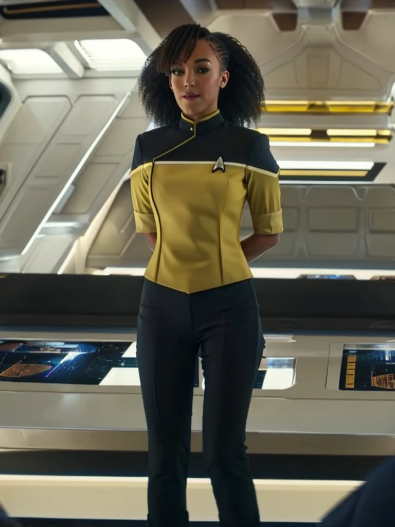 Tawny newsome in yellow sttldunf uniform,on starship bridge,