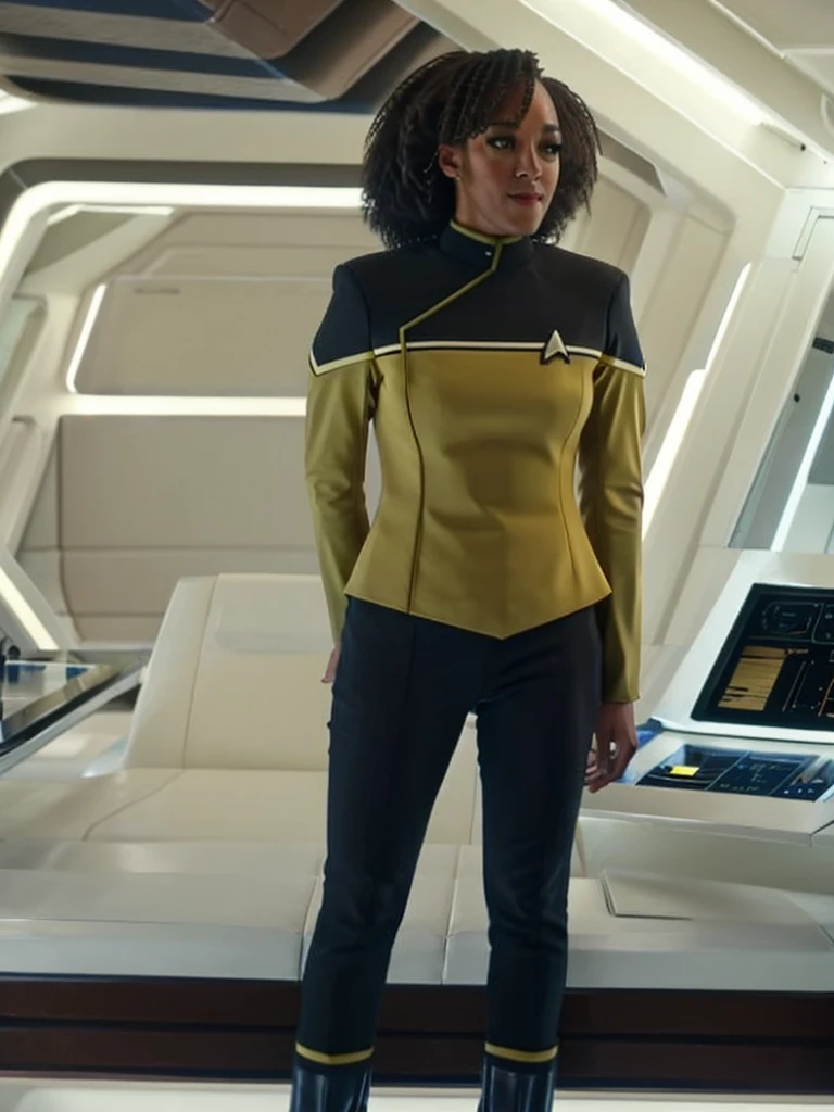 Tawny newsome in yellow sttldunf uniform,on starship bridge,