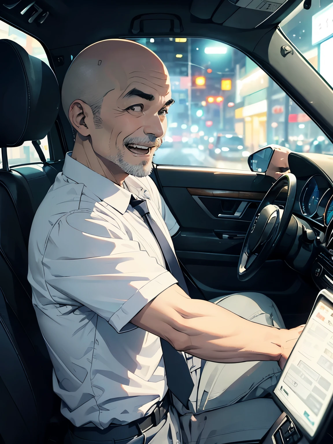 53-year-old taxi driver、laughing、Are thin、Bald、White shirt、tie、Grey slacks、Detailed facial expressions、driving seat、Dark and mysterious atmosphere at night、Angle from the front