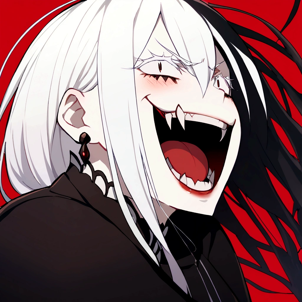 Evil woman, psycho laugh, loca, White hair, thick white eyelashes, fangs, demonic, echidna re:zero, crazy laugh, pure evil, black clothes, red tones, happy expression, big breasts