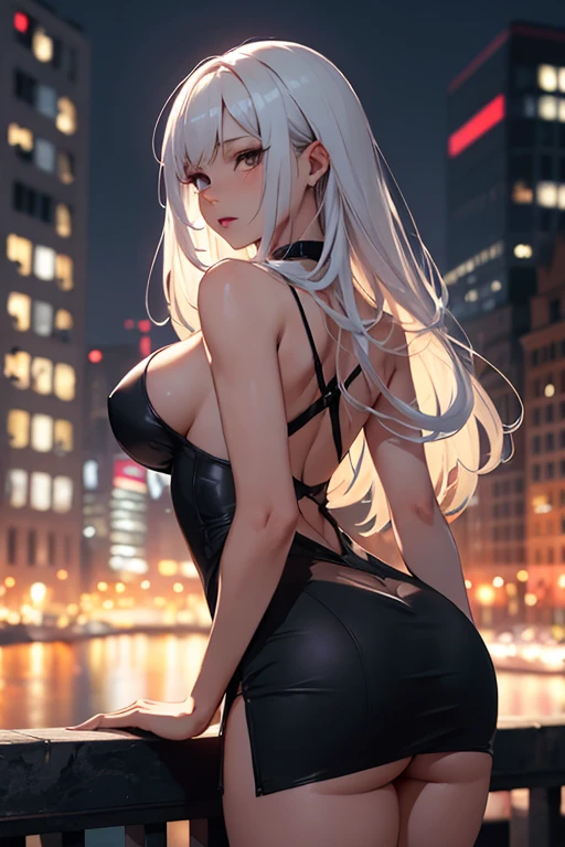masterpiece, best quality, shadows, perfect hands, perfect legs, perfect anatomy, pretty face, mature features, 1 girl, 21 years old, mature woman, sexy black dress, city night background, white long hair, thighs, ass, breast, seductive, spicy, posing, cinematography lights,
