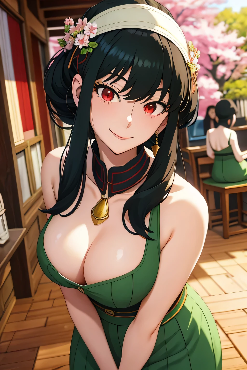 hun, mature woman,  bangss, side locks, Eyes red, Bblack hair, hair ornaments,breasts big，sports portrait, (face:1.2), students, he used to smile,ombros Kales, Bblack hair, cherry blossom flower, neckleace, (mantea:1.21), clavicle, Willow branch, (masterpiece best quality :1.2), ((Kale, Kale, nsfw),