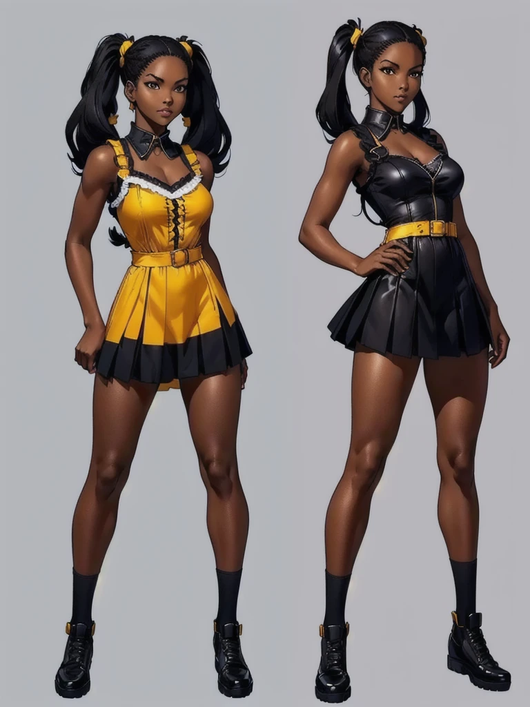 ((best quality)), ((4k)), ((highres)), ((masterpiece:1.2)). ((detailed)), ((ultra realistic)), ((intricate details)), ((full body picture)), ((character design sheet)), ((blank background)), ((standing in a blank background)), full body shot of a beautiful black female, ebony beauty, woman, 18 years old girl, dark brown skin, red lips, about 5'5 ft. tall, red lips, smirk on her face, ((smirking)), long curly black hair, ((long curly hair)), long hair, high pigtails, (((high pigtails)), dressed in a yellow sleeveless babydoll dress, ((EMPHASIS ON HER YELLOW SLEEVELESS BABYDOLL DRESS)), black leather belt on her waist, bare legs, yellow school girl HIGH SOCKS AND school girl BLACK SHOES, fighting game character design, tekken character design, the king of fighters character concept art, character concept art, full body, 18 years old female fighter, girly girl, cute girl, girly fighter character concept art
