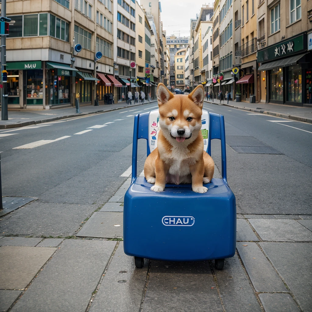 shiba inu puppy kawaii happy realistic seat on the ground in street of marseille city