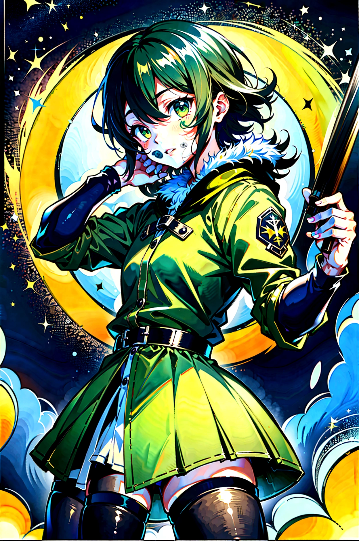 yuichiro hyakuya, (WithoutFear:1), 1 boy, black hair, green eyes, brown coat, gray armor, green shield, green cloak, dark brown gloves, town, fur trim, anime, standing, good quality, portrait, looking at viewer
