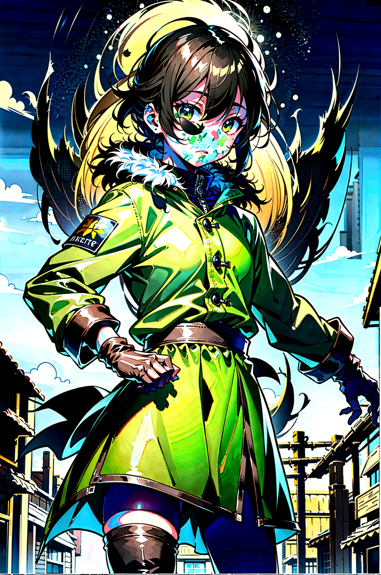 yuichiro hyakuya, (WithoutFear:1), 1 boy, black hair, green eyes, brown coat, gray armor, green shield, green cloak, dark brown gloves, town, fur trim, anime, standing, good quality, portrait, looking at viewer
