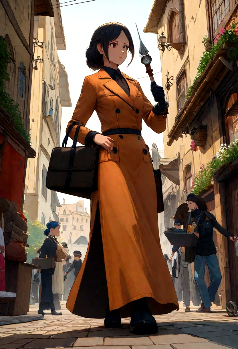 Female courier, outillage, on the way to deliver the mail, dans les rues de la ville, high detail, 4K, head of'artwork.