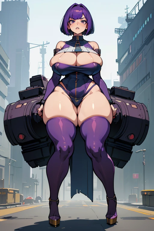 young girl, Pullover, bandeau tight dress, whole body to see, angry look , scream, bob cut hair, (( very wide hips)), (((colossal Thighs, gigantic thighs, very huge thighs, very big thighs))), fullbody, platform heels, freckle skin, very Big breast, gun, cyberpunk, soldier girl , full body, purple hair,
