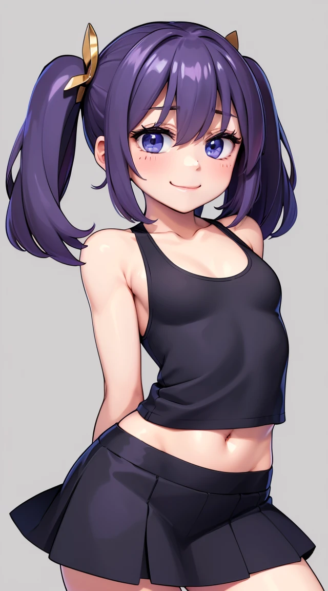 (masterpiece:1.3), (Best Quality:1.3), (Ultra-detailed:1.2), ((kawaii)), Cute, (lovely), ((sexy)), ((Extremely detailed)), 4K, (8K), Best Quality, (Beautiful), Illustration, anime style, (bold line:1.2), Gradation, looking at viewer, //, (bent down:1.1), (arms behind back), //, a cute girl, 1girl, (solo:1.2), gleaming skin, //, (flat chested), (Perfect eyes:1.2), (Perfect iris:1.2), //, darkblue hair color, (beautiful eyes) //, (half closed eyes:1.3), (sexual expression:1.2), Fascinated expression, smile, (blush:1.2), //, modern city bacground, on rock, tank top with skirt, twin tails, muscle girl, hard abs