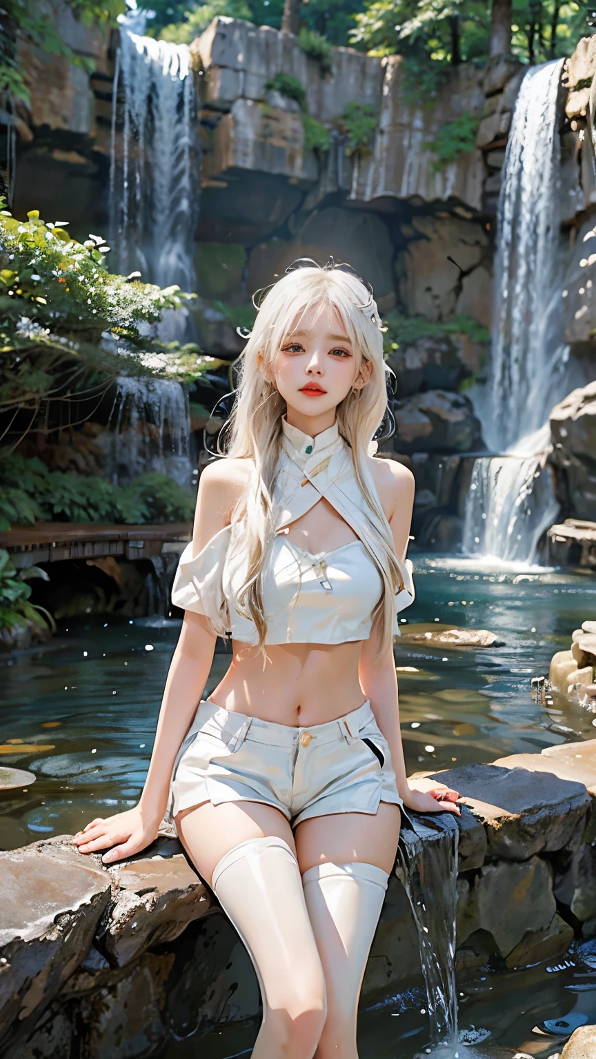 White Hair、Long Hair、Belly button、hot pants、Outdoor、In front of the waterfall、Waterfall basin、Shorts