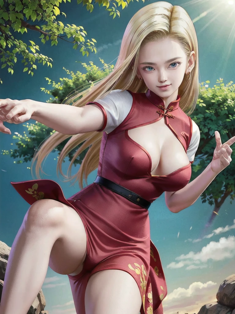 android 18,blonde hair, (((Long Straight Hair))), blue eyes, ((Long Slit Red cheongsam)), Red sexy cheongsam, Red, (Big Breasts), looking at the audience,face smile, close-up, portrait, river, rock, tree, blue sky, high quality, masterpiece, sexy body, 8K resolution, detailed faces, detailed finger