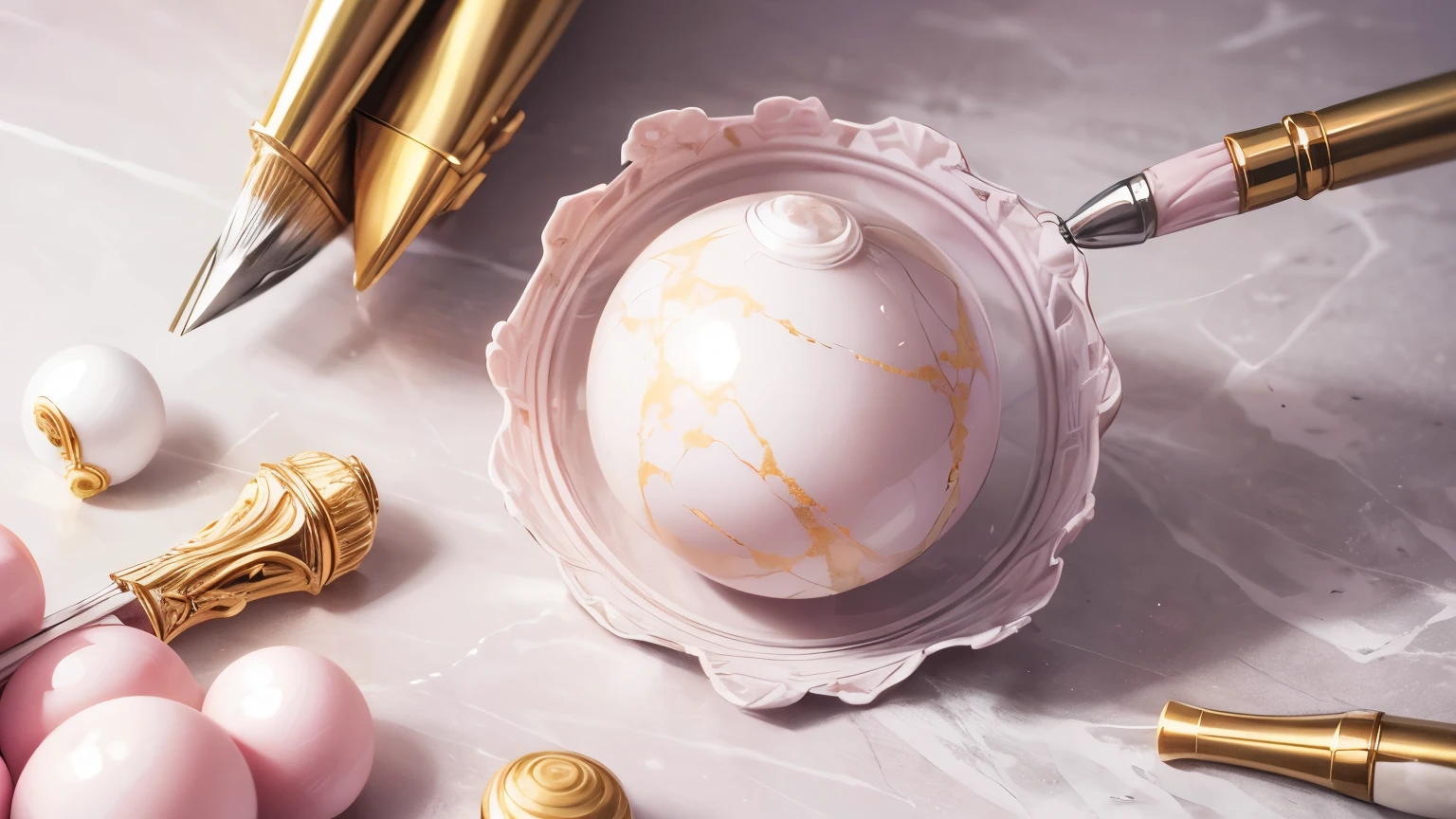 Pale pink marble pattern, pastel color, Jewel-like beauty, Elegant, classy, no shadows, white background --no human, cracked, writing brush, three-dimensional, white, pearl, sphere