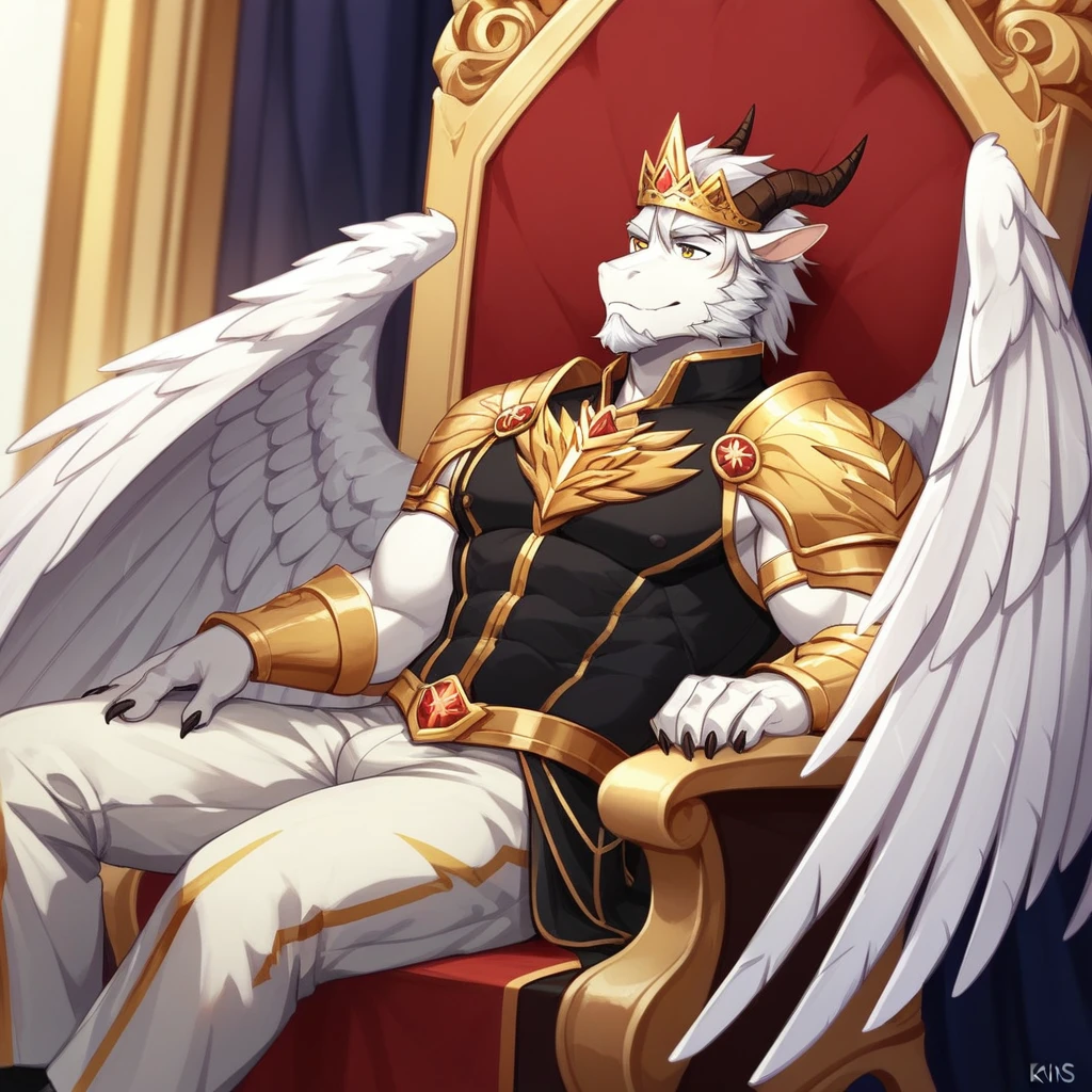 Score_9, score_8_up, score_7_up, source_cartoon, Anthro male, A golden dragon, gold dragon with silver highlights on scales, platinum wings, yellow eyes, short white hair, white beard, wearing kings armor, crown on head, sitting on an elegant throne, 