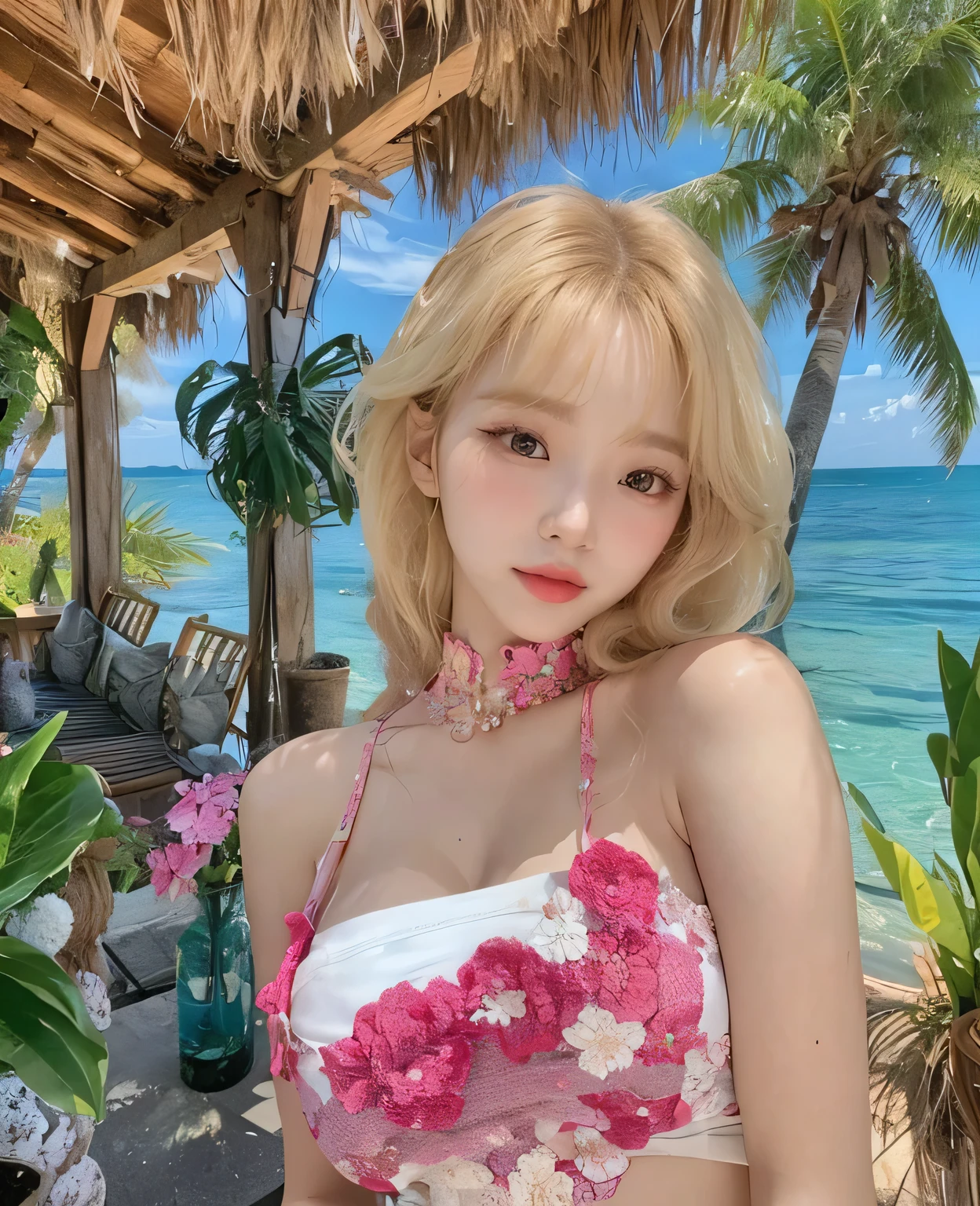 Face identical to that of Chaewon from Le Sserafim, full lips, doll nose, light eyebrows, pale skin, big breasts, huge breasts, big tits, long hair